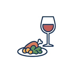 Airplane, wine glass, and plated meal. Travel&Landscape Images telling stories.